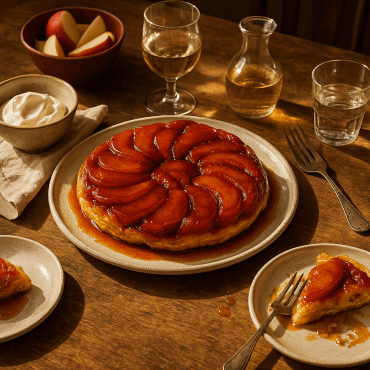 Parisian Apple Tarte Tatin with glossy caramelized apples and golden puff pastry on a serving plate.