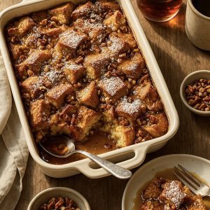 Golden, puffed Overnight French Toast Casserole served with a drizzle of maple syrup and a dusting of powdered sugar.