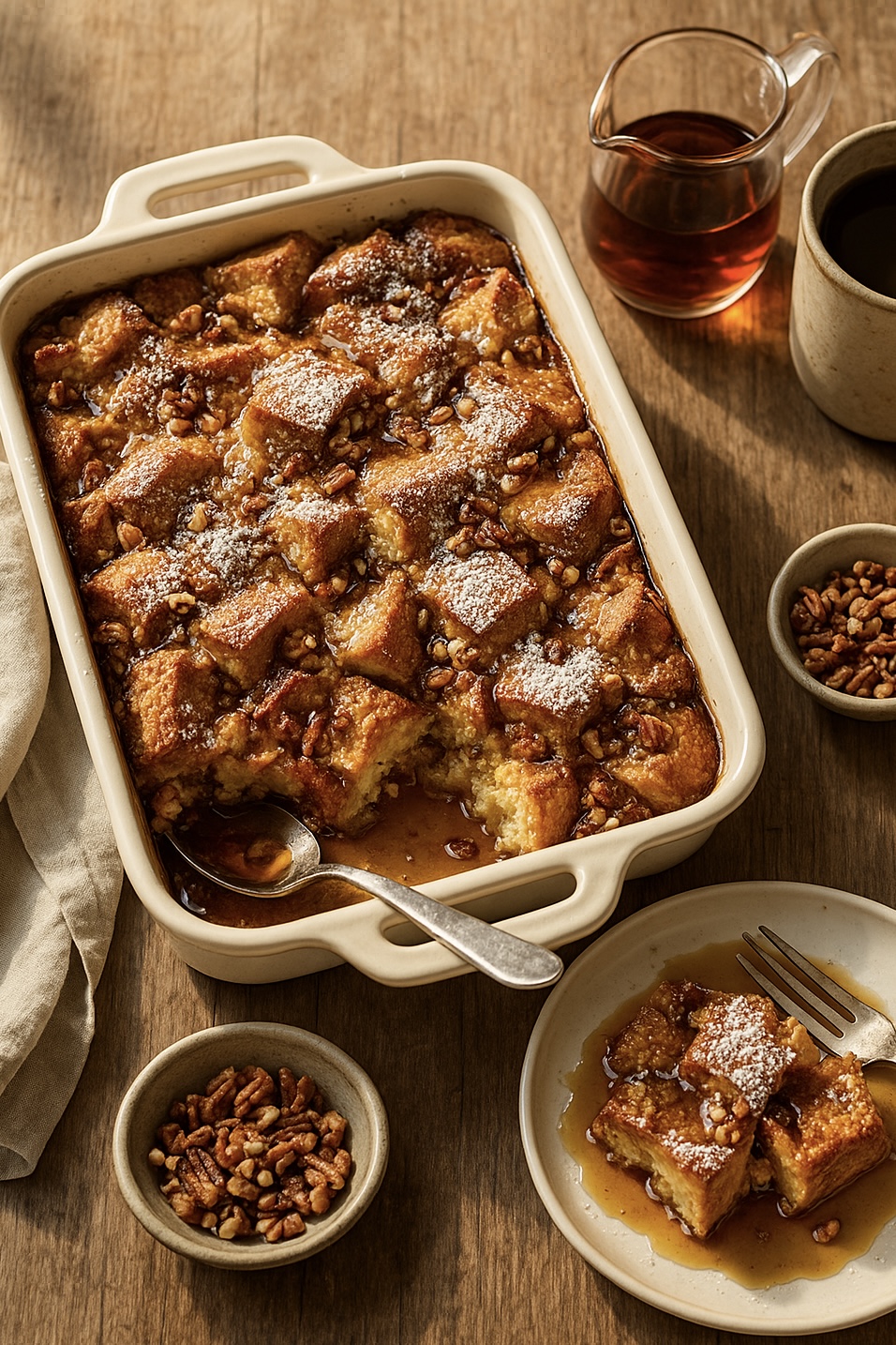 Golden, puffed Overnight French Toast Casserole served with a drizzle of maple syrup and a dusting of powdered sugar.