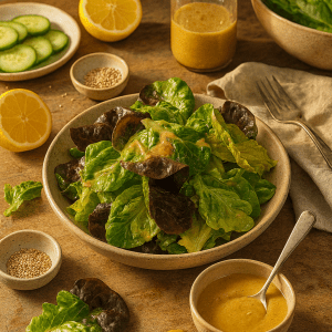 Dressed green salad with mixed lettuces tossed in glossy miso vinaigrette, served in a ceramic bowl on a sunlit wooden table.