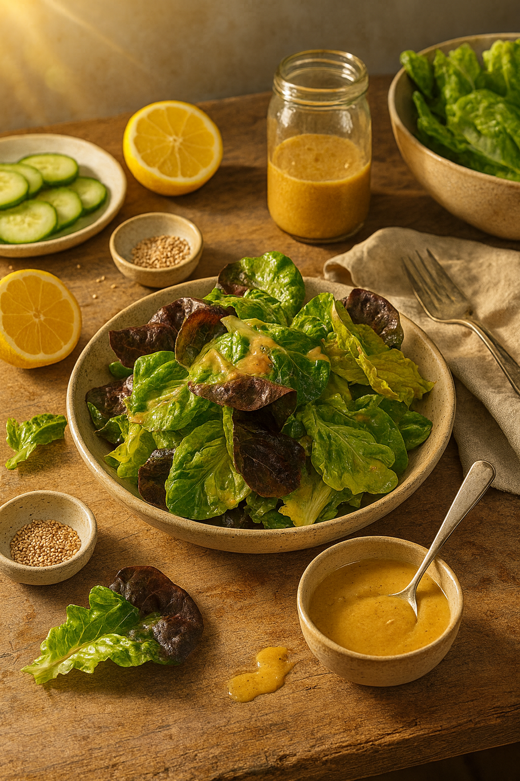 Dressed green salad with mixed lettuces tossed in glossy miso vinaigrette, served in a ceramic bowl on a sunlit wooden table.
