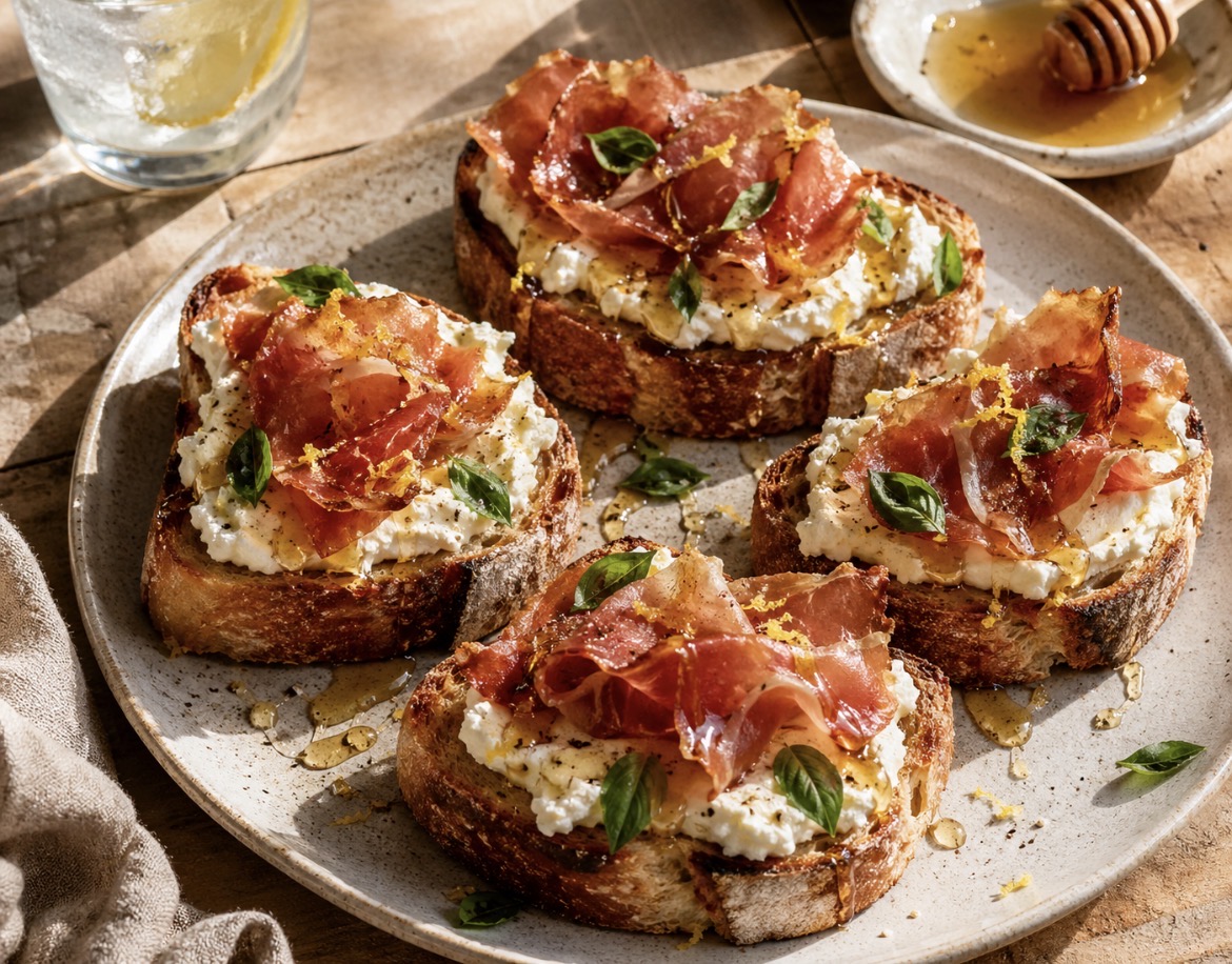 Lemon Ricotta Toast with Crispy Prosciutto & Honey on toasted artisan bread, garnished with herbs and drizzled honey, styled in soft natural light.