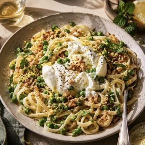 Spring Pea & Burrata Pasta with Toasted Breadcrumbs in a shallow bowl with torn burrata, lemon zest, and golden crumbs